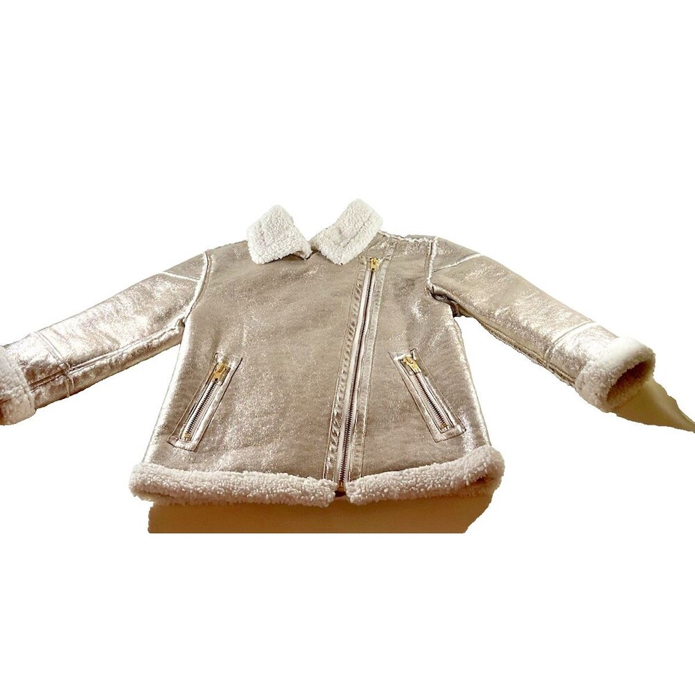 Gap Girl's Cozy Jacket Metallic Moto Silver Size 4 Years Sparkly Warm Sherpa EUC